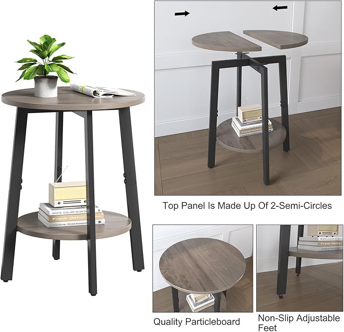 Side Table Set of 2, Small Round End Table with Storage Shelf for Small Space, 2-Tier Bedside Table Sofa Couch Table, Nighstands Set of 2 Accent Table for Living Room, Bedroom, Grey
