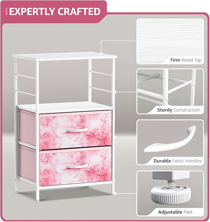 Sorbus 2 Drawer Shelf Storage Nightstand - Kids Bedside Furniture End Table Night Stand with Steel Frame Wood Top & Easy Pull Fabric Bins, Dresser & Chest for Home Bedroom Accessories Office & College