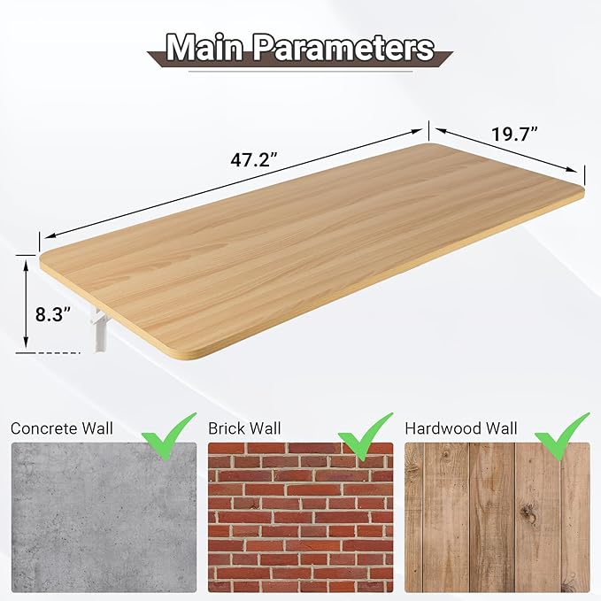 Wall Mounted Folding Table 47.2”L x 19.7”W, Laundry Folding Table with Heavy Duty Metal Collapsible Shelf Brackets, Wall Mounted Desk Fold Down for Small Spaces, Wood Color
