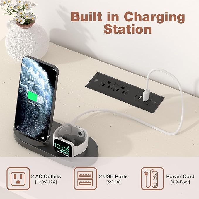 HOMMPA Nightstand with Charging Station, Rattan Night Stand with Drawer, Boho Bedside Table with USB and Type-C Ports, Large Side Table End Table for Bedroom, Living Room, Small Space, Cream