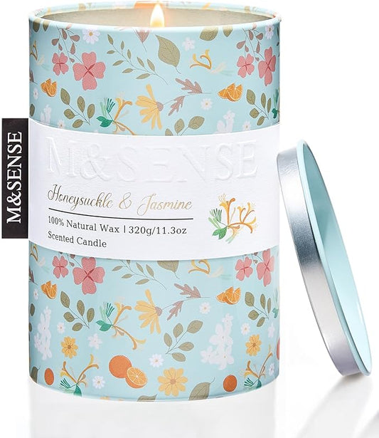 M&SENSE Honeysuckle Jasmine Scented Candle, Medium Jar Candle 11.3oz Natural Soy Wax for Home Scented, Floral Candles Gift for Spring Holiday, Up to 70 Hours Burning Long-Lasting Fragrance