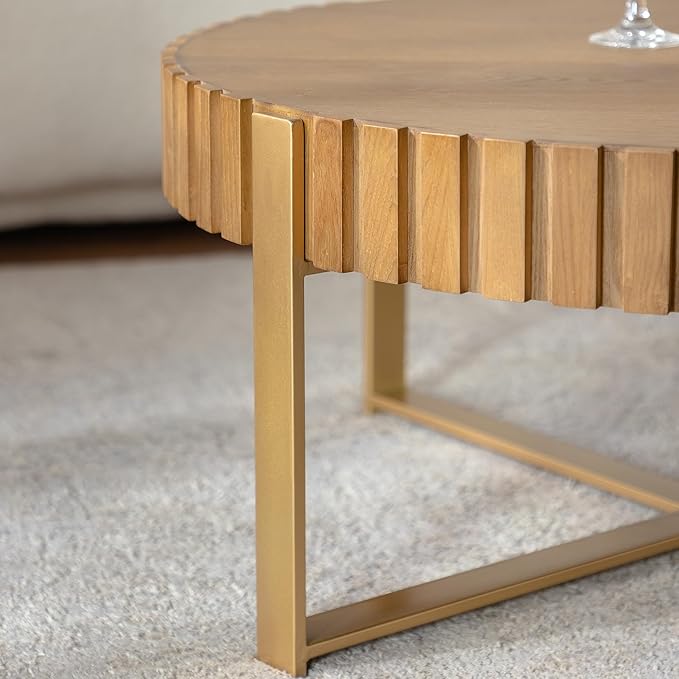 Round Coffee Table with Thick Tabletop, 30.71" Fluted Circle Accent End Table with Metal Legs, Morden Coffee Tables, Wooden Center Table for Living Room, Side Table Home Furniture - Natural