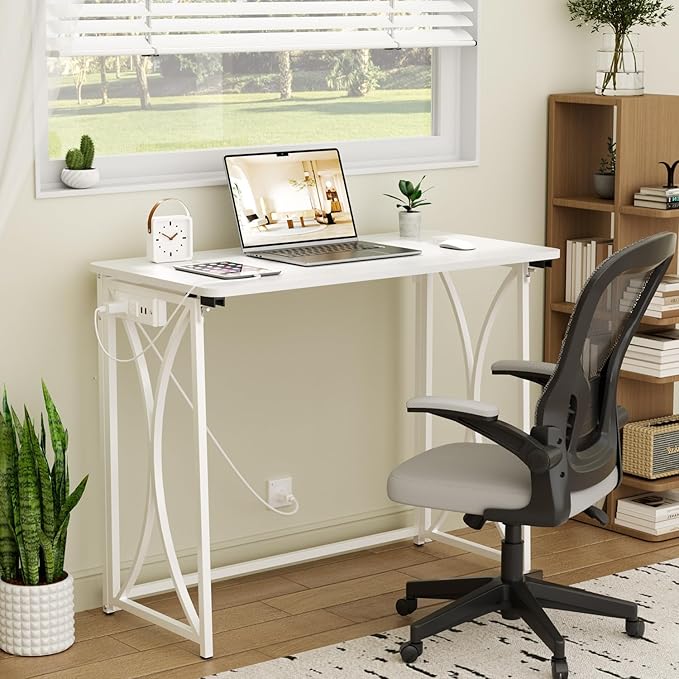 Foldable Desk, 31.5" Small Desk for Bedroom with Power Outlet, Space Saving Folding Computer Desk for Home Office, Easy Assembly, White