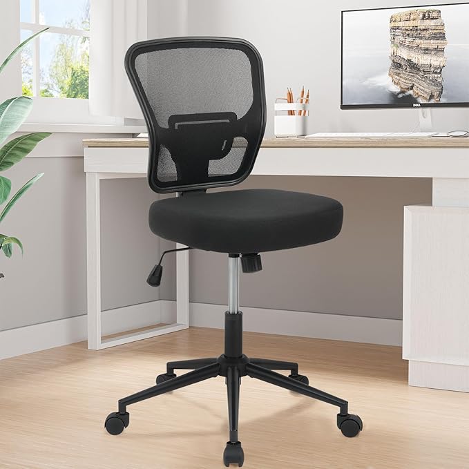 Armless Desk Chair - Height Adjustable, Ergonomic High Back Task Swivel With Wheels, Rolling Office Stool for Small Spaces, Home, Bedroom, Study - Black