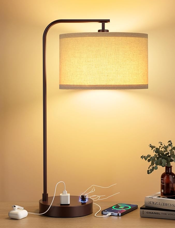 Brown Side Table Lamp with USB Port and Outlet, Dimmable Nightstand Bedside Lamps with Linen Lampshade, Desk Lamp for Bedroom, Living Room, Guest Room, Home Office, LED Bulb Included