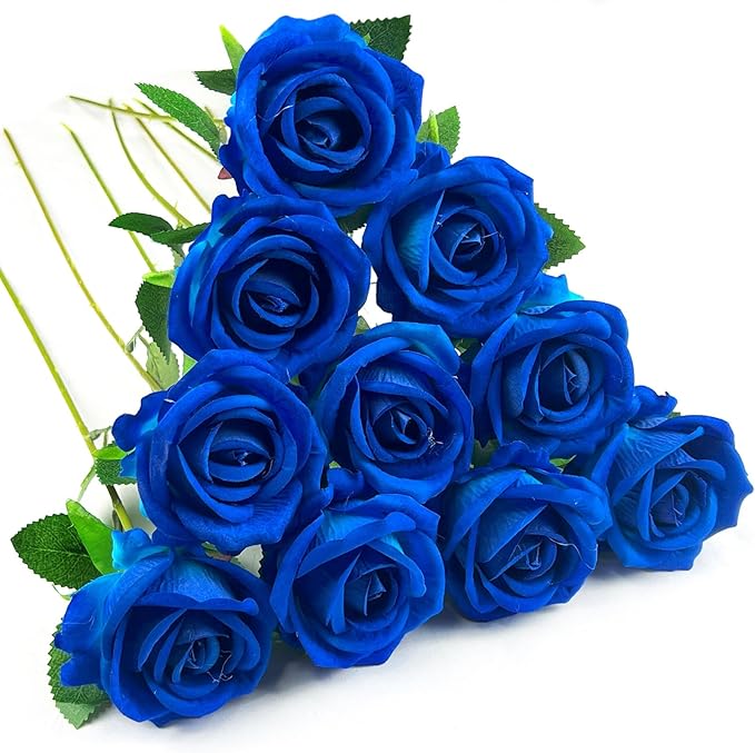 10 PCS Artificial Roses with Long Stems Silk Flowers Realistic Foam Flowers Fake Roses for Valentine's Day Home Wedding Halloween Decor(Blue)