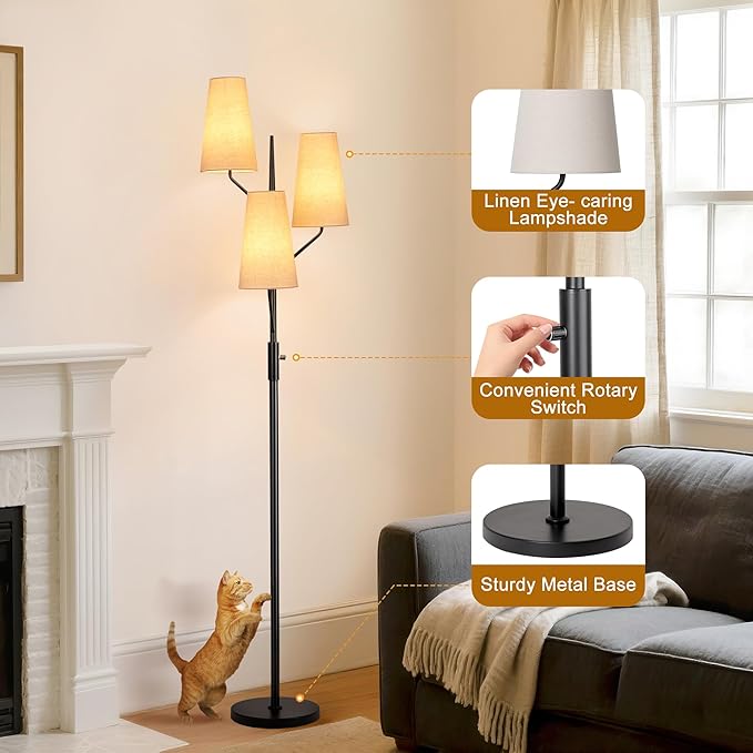 Farmhouse Floor Lamp for Living Room, 70" Tall 3-Light Tree Standing Lamp with Black Pole, Industrial Rustic Floor Lamps for Bedroom, Office and Reading Corner (Bulb Not Included)