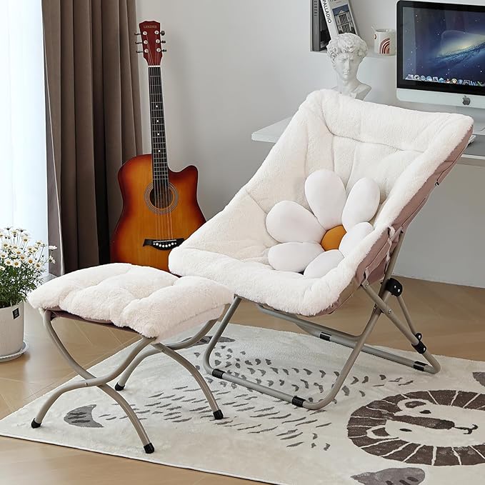 Comfy Folded Chair with Ottoman, Oversized Folding Faux Fur Chair Soft Furry Lounge Lazy Chair with Metal Frame Moon Chair Accent Chair for Bedroom, Living Room, Dorm Rooms