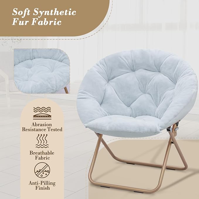 Athena Collection Saucer Chair with Ottoman Comfy Chair for Bed Room Living Room Folding Round Cozy Chair Faux Fur Metal Frame Foldable Lazy Chair Accent Chair Reading Chair, Blue