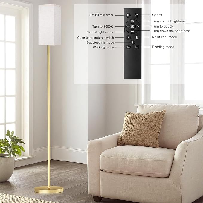 Ambimall 2 Packs Remote Control Floor Lamp, Stepless Dimmable, 64 Inches Tall, Include 9W Bulb, Standing Lamp for Living Room Bedroom Office (Light Beige & Gold)