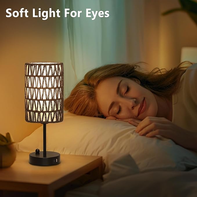 Gray Bedside Lamps Set of 2, Touch Control Night Stand Lamp for Bedroom with Rattan & Linen Shade & Bulbs, 3 Way Dimmable Small Boho Table Lamps with USB Charging Port & Phone Stand