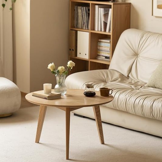 100% Solid Oak Wood Mini Coffee Table, Round Cofffe Tables Side Table w/Solid Wood Legs, Walnut Mid Century Table for Bedroom Balcony Living Room (29.53" D x 17.72" H)