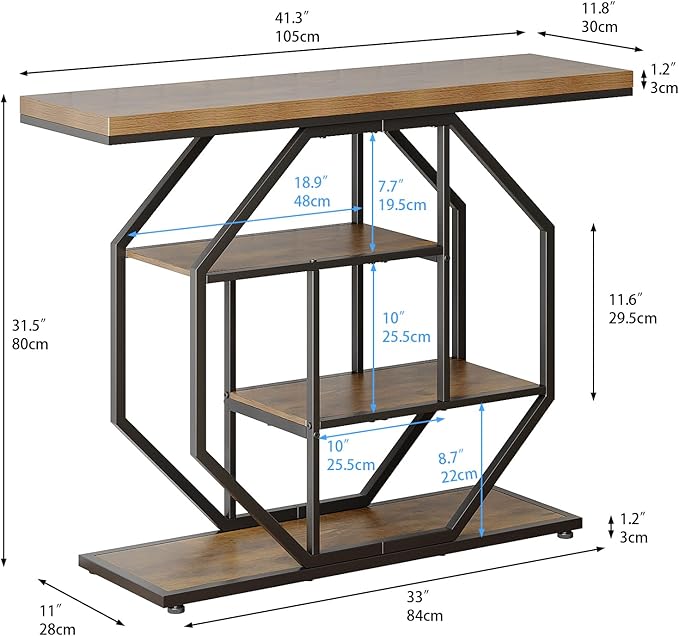 GiftGo 41.3" Narrow Console Table Entryway Industrial 4-Tier Sofa Table Behind Couch with Octago Base Wood Accent Tables with Storage Shelves for Living Room, Hallway, Foyer (Brown)