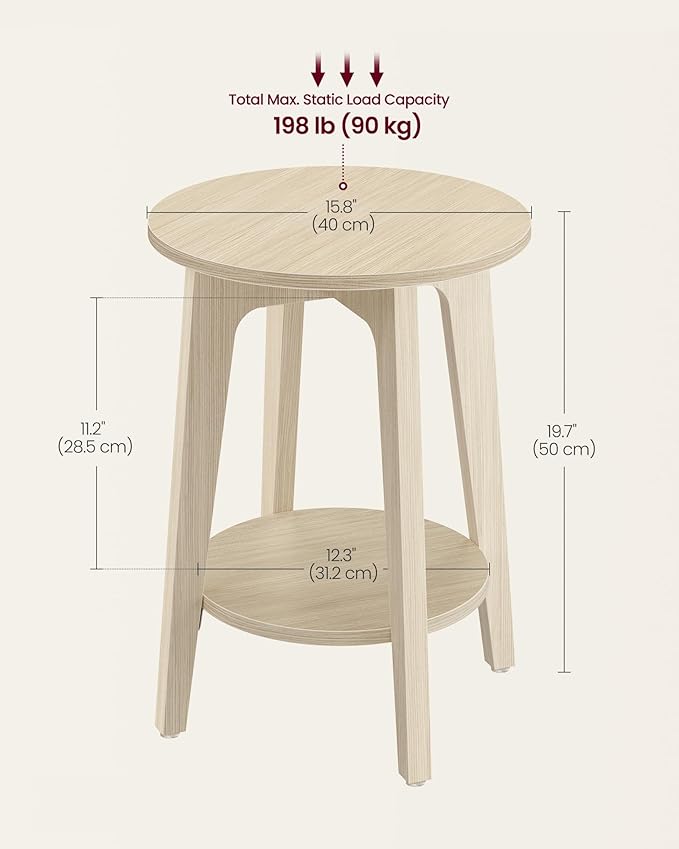 VASAGLE MAEZO Collection - Side Table, 2-Tier Small Round End Table, Nightstand with Tapered Legs, Curved Transitions, for Small Spaces, Living Room, Bedroom, Natural Beige ULET283N01