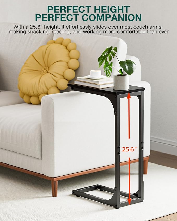 C-Shaped Side Table for Couch - Small Coffee Stand Sofa Tray Desk with Sturdy Metal Frame and Waterproof Scratch Resistant Wood Surface, Modern End Accent for Living Room, Bedroom, Black