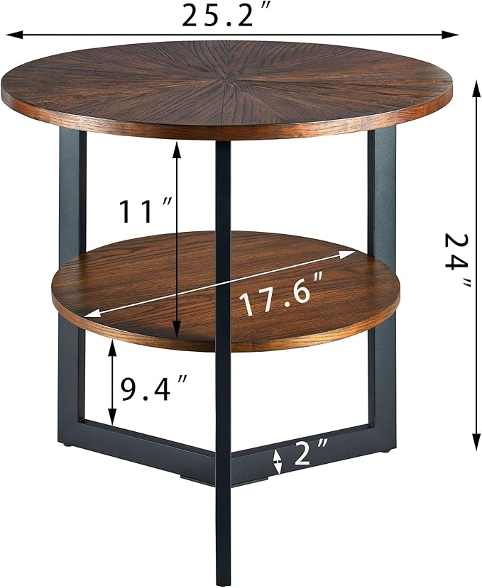 Round End Table with Storage Shelf, 25in Circel Accent Side Table with Metal Legs, 2-Tier Industrial Sofa Side Table for Living Room Bedroom, Brushed Brown