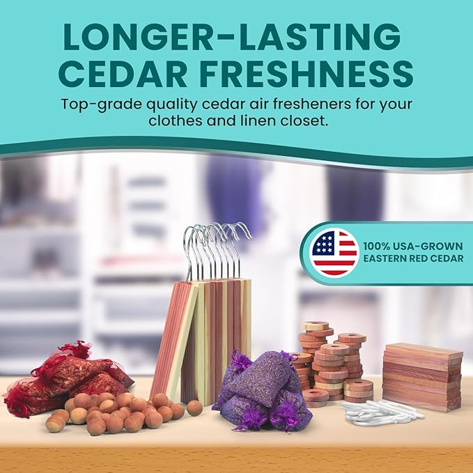 60 Variety Pack - Cedar for Closets - Moth Balls Alternative for Clothes Storage - Fabric Protection Hang-Ups - Natural Hanger Rings - Freshner for Clothes Storage