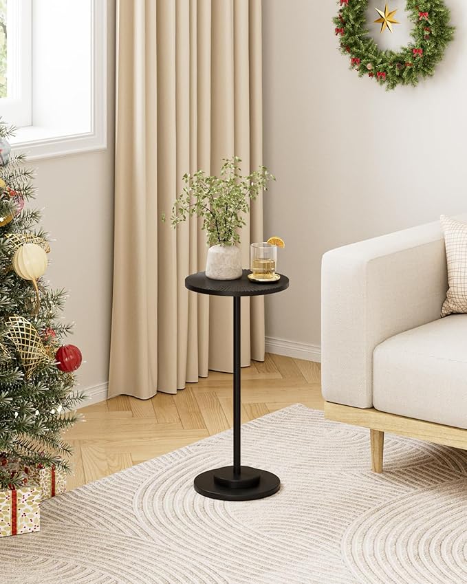 Round Side Table, Small Drink Table for Small Spaces, Modern Accent End Table with Metal Leg for Living Room, Bedroom, Corners, and Office (Black)