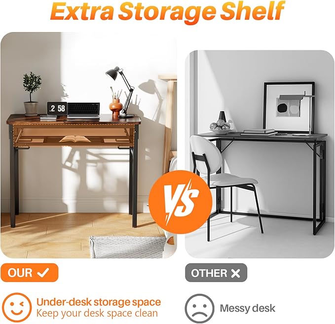 BYMECOST 39.4" Folding Desk, No Assembly Computer Desk, Small Foldable Table with Storage Shelf, Study Table for Small Space, Writing Desk Compact Desk for Home Office (Brown, 39.4")