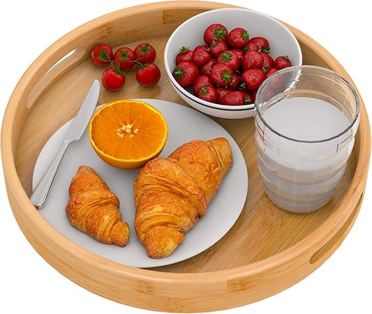 Zhuoyue 13“ Round Serving Tray with Handles - Wood Bamboo Decorative Tray for Ottoman, Coffee Table Circle Tray for Food, Cocktail, Drink