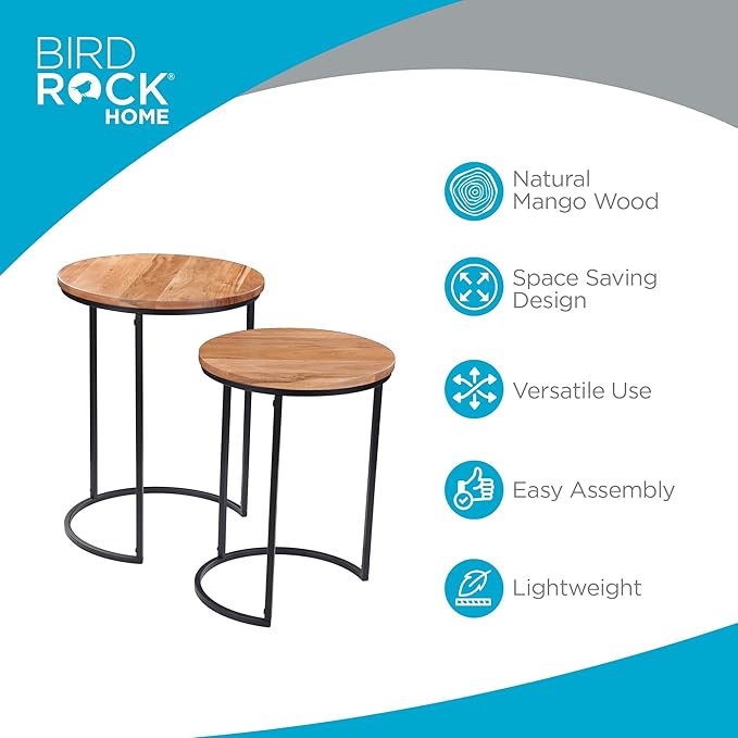 BIRDROCK HOME Wooden Nesting Side Tables - Mid Century Modern Stackable Coffee Table - Space-Saving Wooden End Table for Living Room, Bedroom, Centerpiece, Office, Balcony - Natural Mango Wood - 2 Set