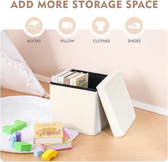 B FSOBEIIALEO Small Storage Ottoman Cube Sherpa Ottomans Foot Rest, Foldable Boucle Ottoman, Faux Teddy Fur, Cream White 12.6"x12.6"x12.6"