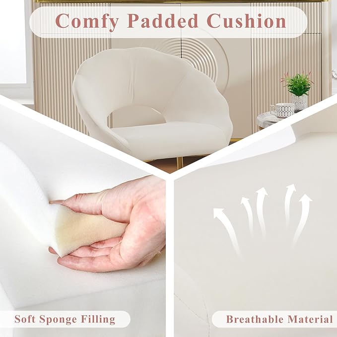 Modern Small Accent Chair Set of 2, Comfy Velvet Vanity Chair with Shell Back & Golden Metal Legs, Decorative Chair no Wheels for Living Room, Makeup Room, Bedroom, Beige