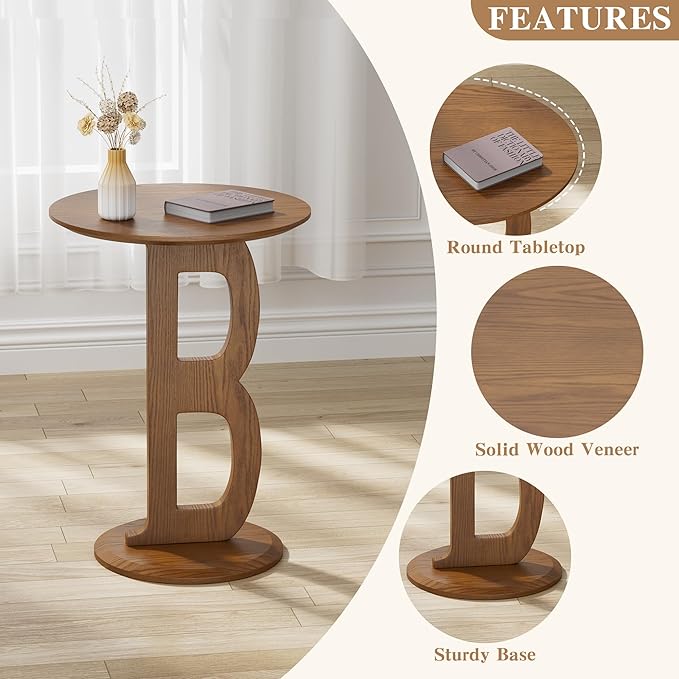 Aoligrace Round Side Table, Modern End Table with Letter B Leg, Wooden Accent Table for Couch Small Coffee Tables Nightstand for Small Spaces Living Room Bedroom
