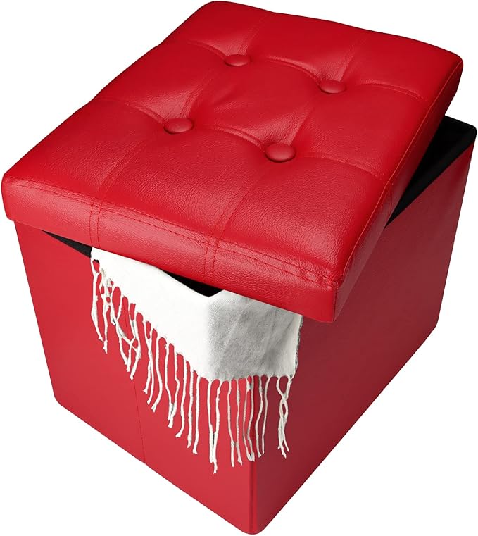Storage Ottoman, Folding Foot Stool with Thicker Foam Padded Seat Small Leather Storage Ottoman Bench Foot Rest for Living Room Foldable Coffee Table 17x13x13in,Red