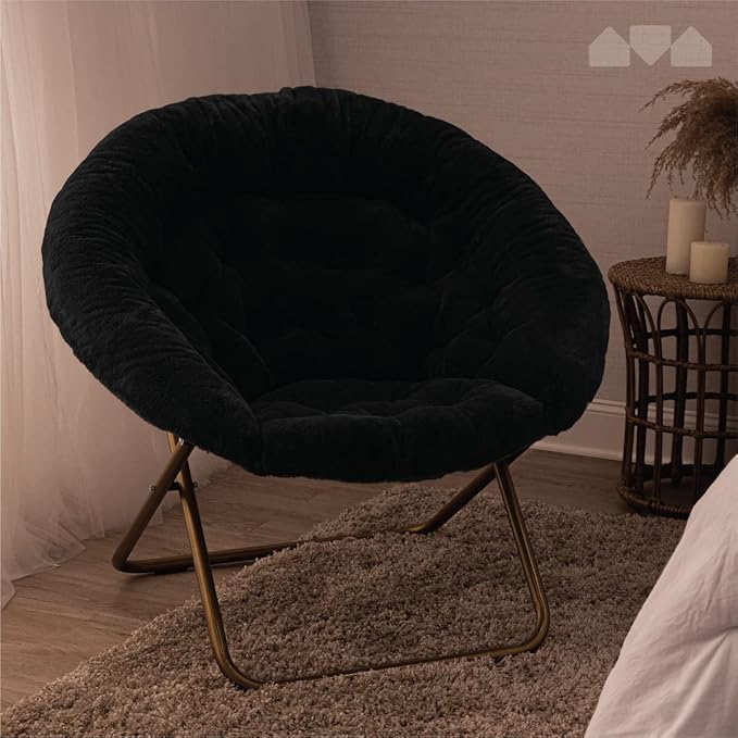 Milliard Saucer Chair For Adults, Teens & Kids, Black, Faux Fur XL Circle Chair for Bedroom, Dorm & Gaming, Foldable Comfy Accent Seat for Small Spaces, Folding Moon / Mushroom / Round Oversized Style