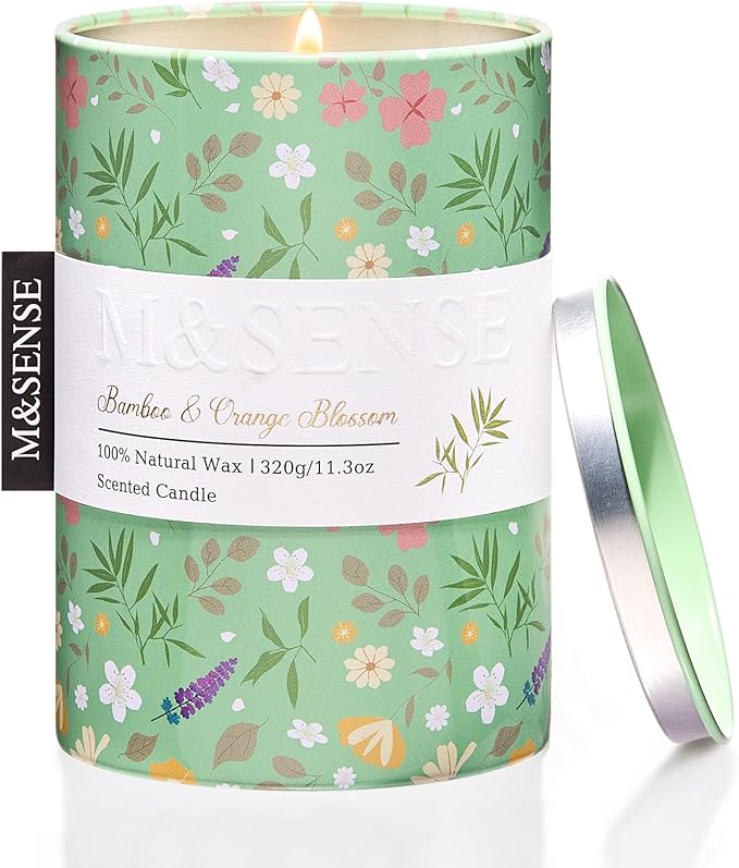 M&SENSE Bamboo Orange Blossom Scented Candle, Medium Jar Candle 11.3oz Natural Soy Wax for Home Scented, Floral Candles Gift for Spring Holiday, Up to 70 Hours Burning Long-Lasting Fragrance