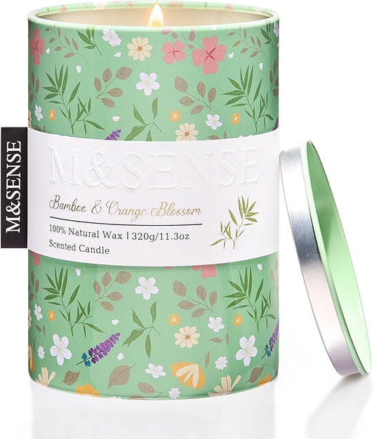 M&SENSE Bamboo Orange Blossom Scented Candle, Medium Jar Candle 11.3oz Natural Soy Wax for Home Scented, Floral Candles Gift for Spring Holiday, Up to 70 Hours Burning Long-Lasting Fragrance