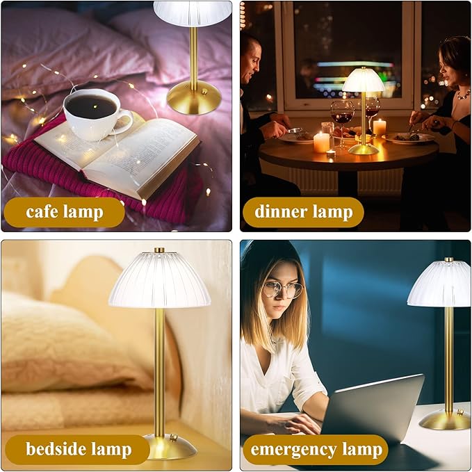 Liliful 1 Pcs LED Portable Cordless Table Lamp Touch Battery Operated Rechargeable Gold Desk Lamp 3 Color Dimmable for Bedroom Living Room Dining (Gold,Mushroom Style)