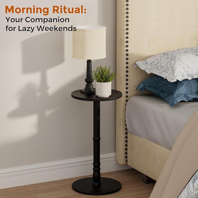 Round Side Table, Solid Wood Pillar with Wood Top & Base, Small Drink Accent Table for Living Room, Bedroom, Sofa & Office, Easy Assembly, Black