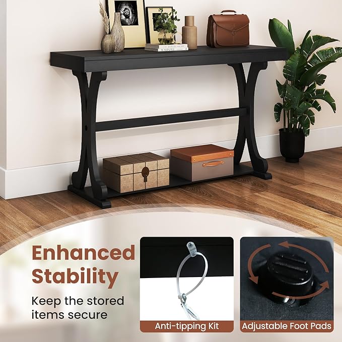 Giantex 52" Narrow Console Table, Vintage Accent Entryway Table with Open Storage Shelf, Long Wooden Behind Couch Sofa Table with Anti-tip Kit for Small Spaces Living Room Hallway (Black)