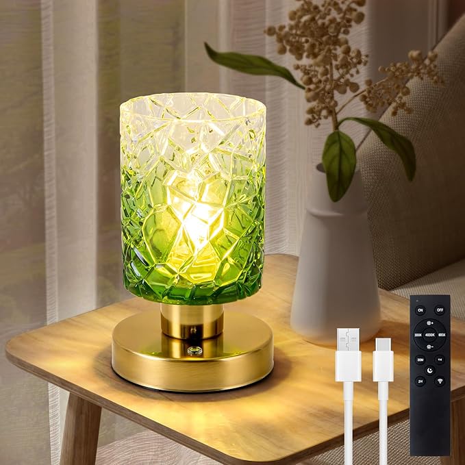 Modern Table Lamp with Remote Control, Cordless Dimmable Desk Lamp for Bedroom, Rechargeable Battery Operated, Touch Lamps for Night Stands Living Room, Bulb Included (Green Gradient)