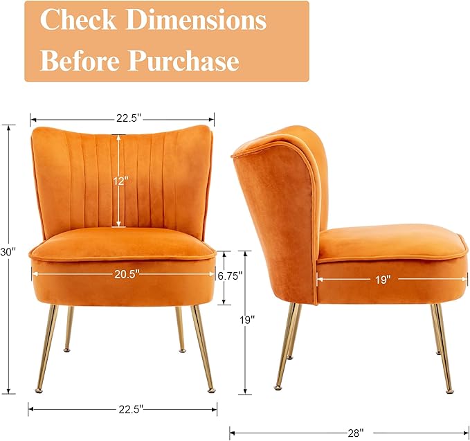 Velvet Accent Chairs Set of 2 for Comfy Living Room Armless Slipper Chair Mid Century Side Chair Single Sofa with Golden Legs Wingback for Bedroom Guest Room, Orange