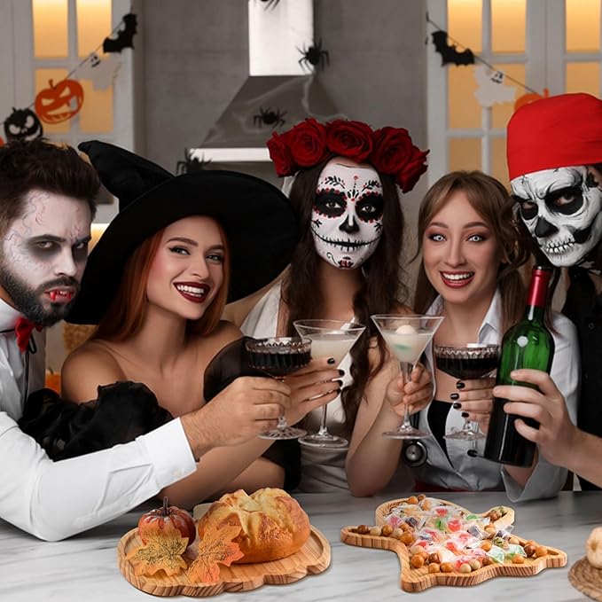 FOBSME 2 Pcs Halloween Wooden Serving Platters Pumpkin and Ghost Shape Charcuterie Boards Fall Wood Serving Trays Decorative Wood Snack Dish Plates for Halloween Autumn Holiday Housewarming Presents