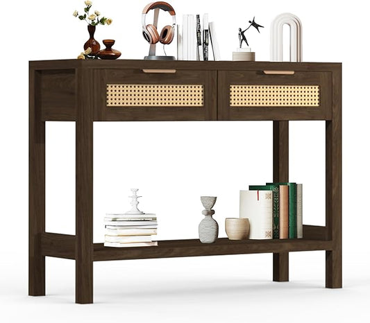 Rattan Console Table for Entryway, Boho Narrow Sofa Tables with Storage Shelf and 2 Drawers for Behind Couch Living Room, Hallway, Entrance, Brown Wood