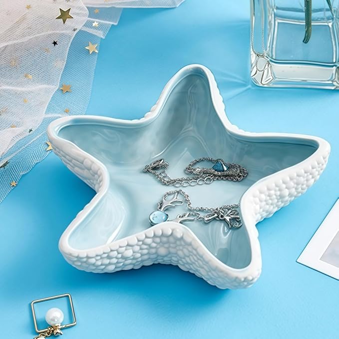 Starfish Jewelry Dish Ceramic Holder Ring Trinket Tray, Ocean-themed Decorative Trinket Dish, Suitable for Mother Friend Sister, Gifts for Women, Home Decor Trinket Dish(Sea Blue)