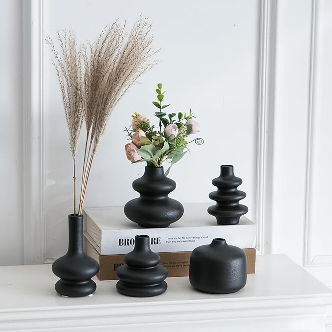 JOJUNO Black Bud Vases, Small Ceramic Vase Set of 5, Mini Pottery Vases for Flowers, Decorative Vases for Home Modern Decor, Boho Decor, Chic Vases for Living Room Dining Table Shelves