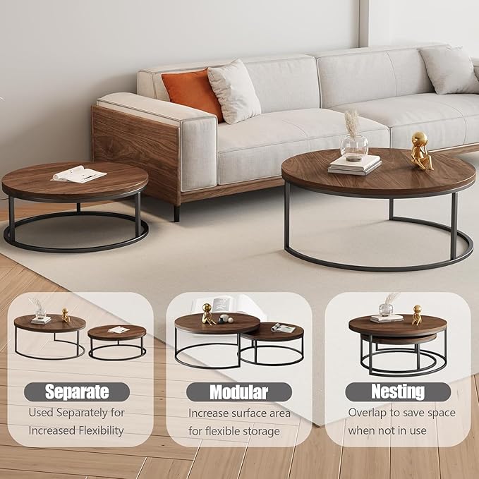 Round Nesting Coffee Table Set of 2, Modern Minimalist Accent Tables for Living Room, Bedroom, Office, Stackable Side Tables (Walnut)