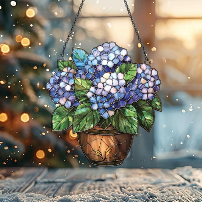 Hydrangea Flower Ornaments Decor for Window Hanging, Gift for Hydrangea Lovers, Flowers Gifts Home Wall Room Hanging Christmas Decorations, Flat 2D Acrylic Ornament
