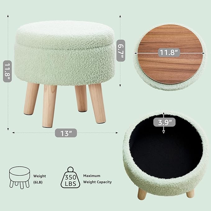 Mxfurhawa Versatile Storage Ottoman, Round Footstool with Soft Padded Seat, Small End Table with 4 Wood Legs, Teddy Velvet Foot Rest for Couch,Shoe Changing Stool for Living Room (Light Green)