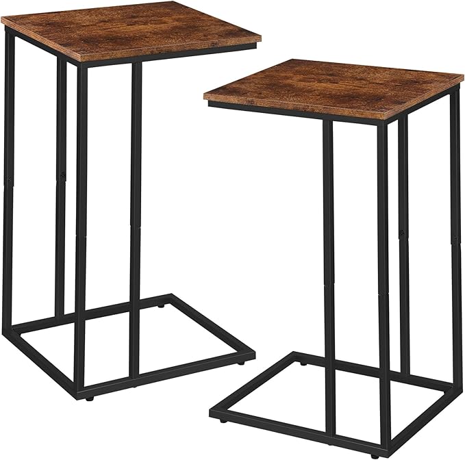 C Shaped Side Table Set of 2, Skinny Sofa Table for Sofa and Bed, Couch Tables That Slide Under, Small End Tables for Living Room, Bedroom or Small Spaces, Rustic Brown