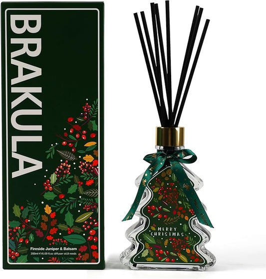 Brakula Christmas Reed Diffuser Set, Fireside Juniper & Balsam Scented, 8 Diffuser Sticks with Christmas Bottle Design, Home Decor Bedroom Living Room Office (6.09oz)
