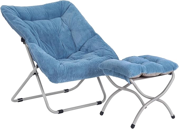Saucer Chair With Ottoman - Oversized Folding Faux Fur, X-Large Soft Dorm, Foldable Metal Frame for Bedroom, Living Room, Study, Playroom (Blue)