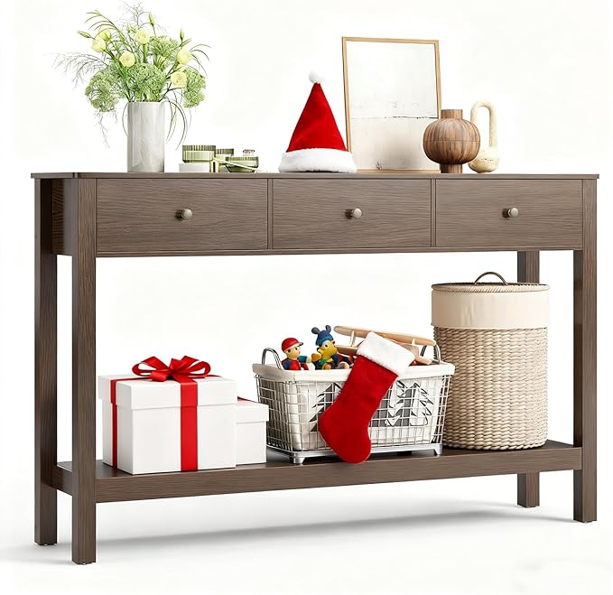 Gizoon Sofa Table with 3 Drawers, Modern Accent Console Table with Open Shelf, Large Storage Space, for Living Room, Front Hall, Entrance Hall, Study Room, Dark Brown