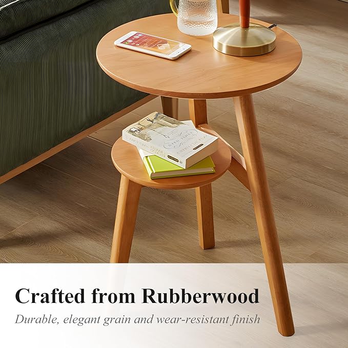 Side Table, 2-Tier Round End Tables Living Room, Mid Century Modern Side Table, Round Nightstand, Oak Accent Table, Small Round Coffee Table, 16.54" Dia.x 23.62" H(Natural)