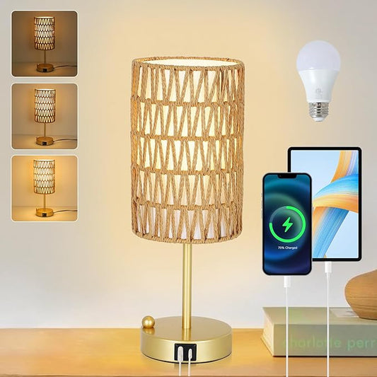 Gold Table Lamp for Bedroom with Bulb, Small Touch Control Table Lamp for Living Room with Rattan & Linen Shade, 3 Way Dimmable Bedside Lamp for Nightstand with USB Charging Port & Phone Stand